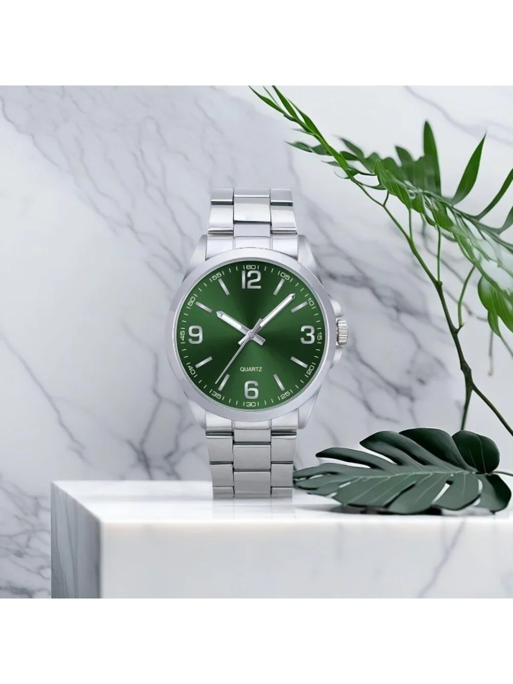 Men's Silver And Green Analog Stainless Steel Case Arabic Numerals Classic Watch